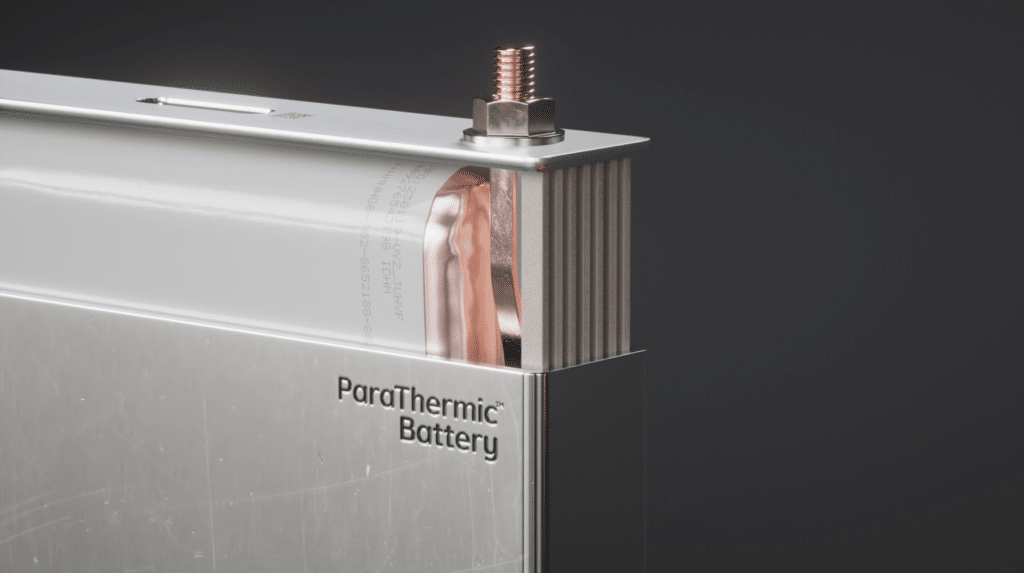 Disassembled view of a ParaThermic® battery showing the battery cell, lid and ThermalConnect® partially outside the battery case. The ThermalConnect® bar thermally but not electrically interfaces with the battery cases to provide a cooling path between the battery case and in-plane heat transfer path of the battery cell. The battery thermal management system (BTMS) can then effectively interface with the battery case and remove heat with exceptional results.