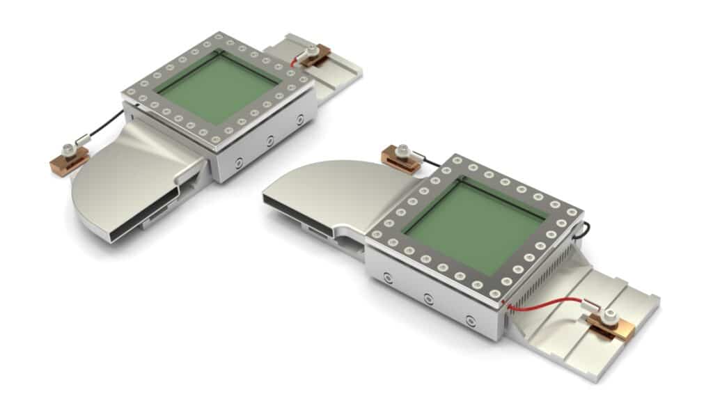PowerBeam® wireless power receivers for rotating shafts. PowerBeam® receivers showing thermal diode, energy conversion and heat dissipation components.
