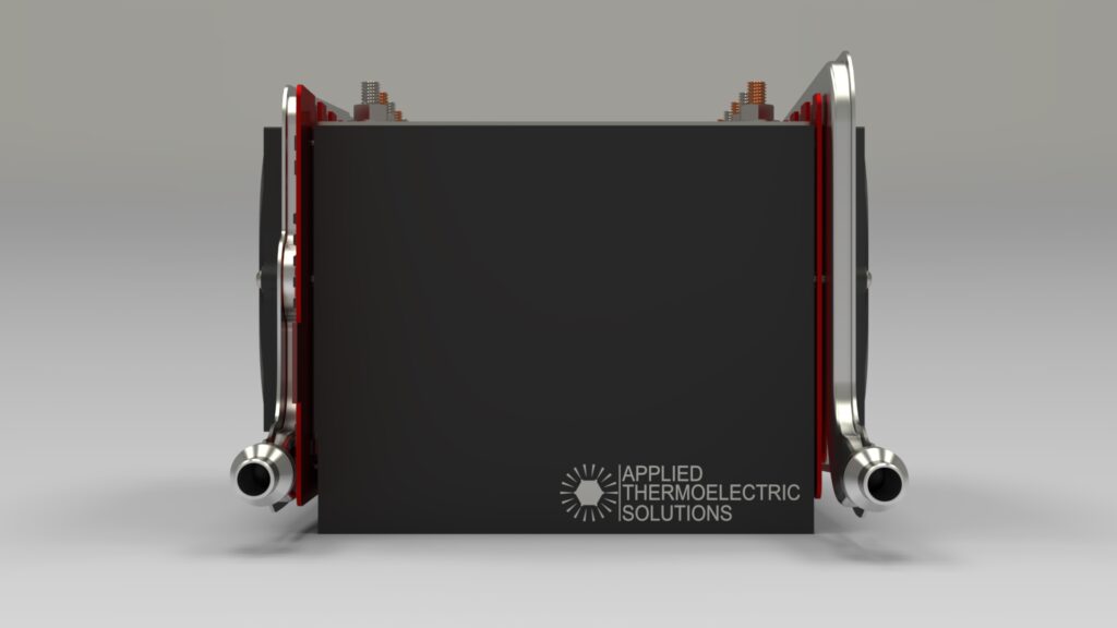 An end view of a high capacity VoltaTherm® solid-state battery thermal management system showing batteries, heat exchangers, compression plates and circuit board.