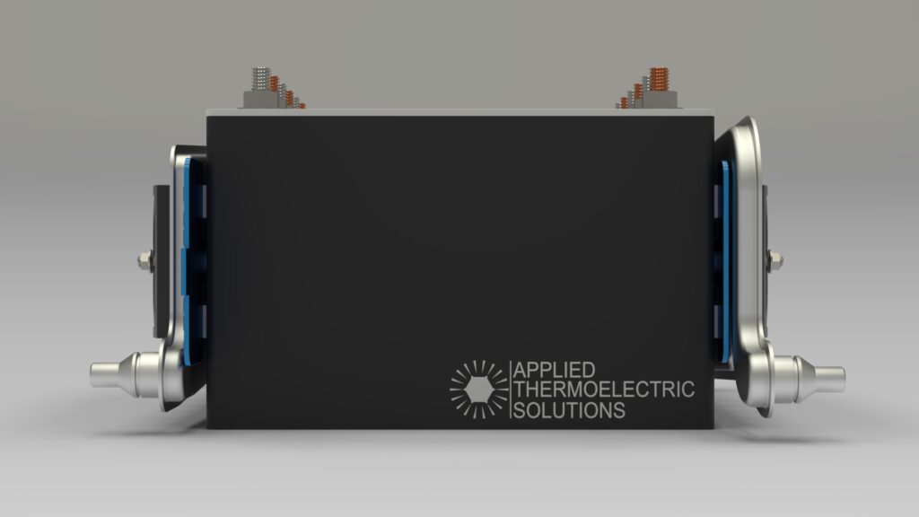 A side view of a VoltaTherm® battery thermal management system for a lithium-ion battery module and pack. The image shows a solid-state battery thermal management system (BTMS / BTM) fitted to a ParaThermic® battery module / pack.
